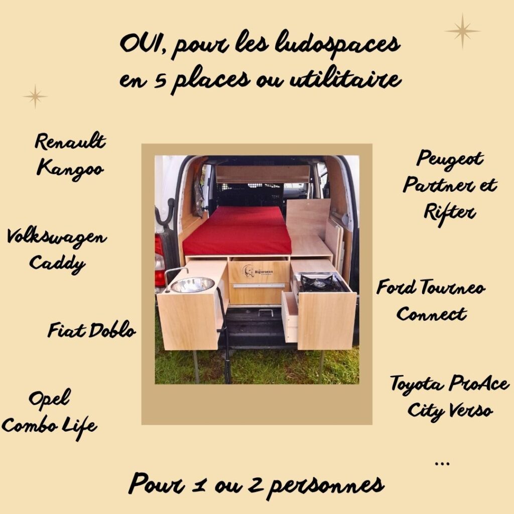 Module est l'aménagement compact et pratique pour tous les ludospaces, Kangoo, Rifter, Caddy, Tournéeo Connect, Doblo, Combo Life, ProAce City Verso, ... pour une ou deux personnes.