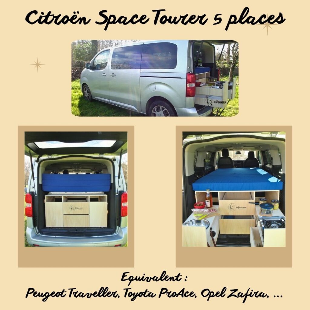 Aménager sa voiture comme Spacetourer, Traveller, ProAce, Zafira, ... grâce à un module où vous trouverez un lit pour 1 ou 2 personnes, une cuisine, du rangement.