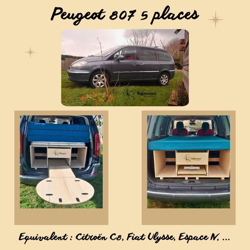 Le module du Bigorneau à Roulettes, vous permet de garder votre voiture, comme ici avec une Peugeot 807, qui est équivalente avec une Citroën C8, Fiat Ulysse, Espace IV, ... et ainsi de transformer votre voiture en minivan en moins de 5 minutes.